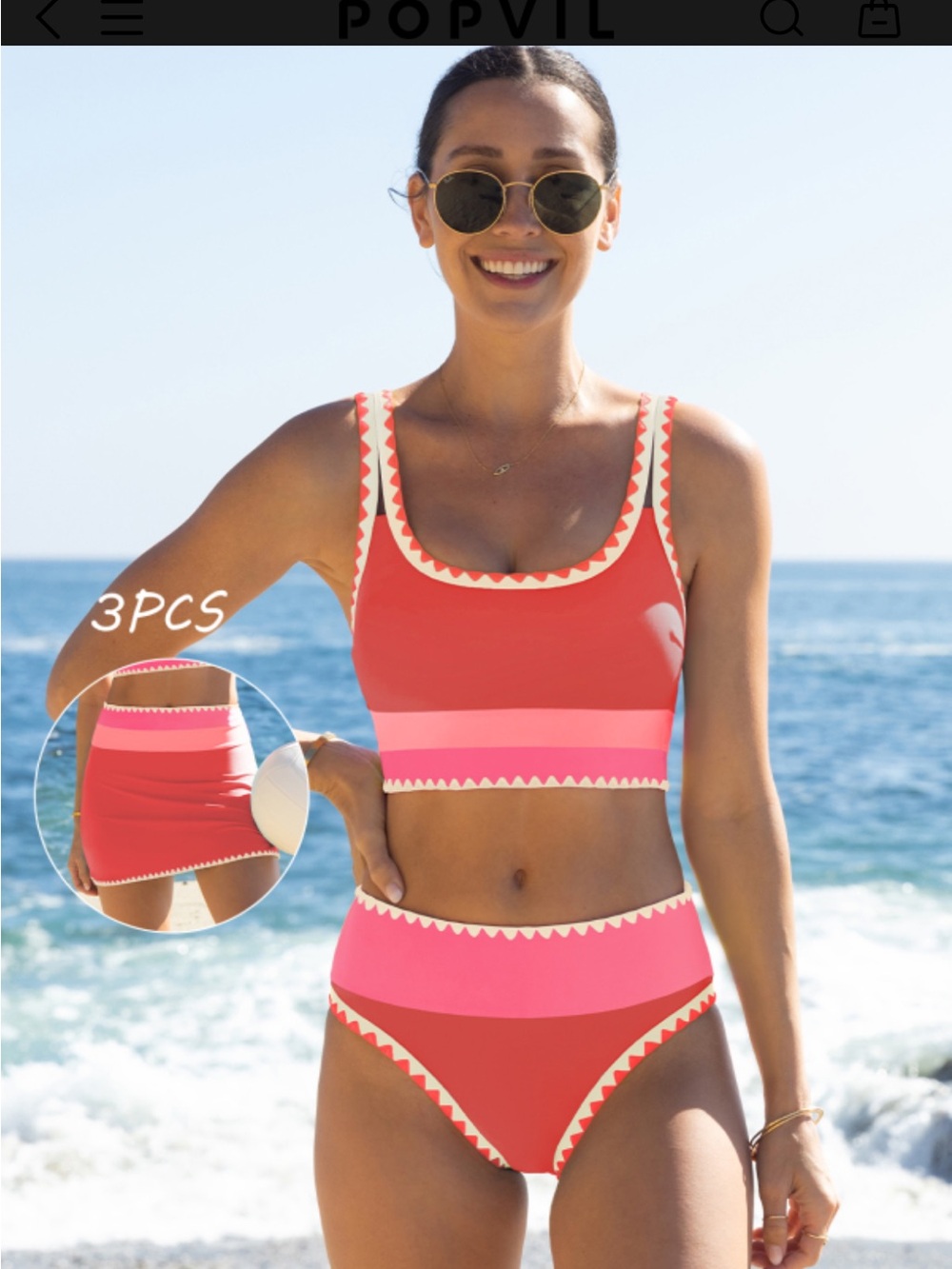 Colorblock High-Waist Bikini Set in Coral and Pink